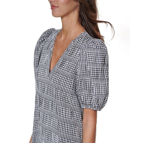 Calvin Klein Gingham Print Gauze Dress with Puff Sleeve Dress, Black/White, 6 - Picture 2 of 4